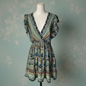 ICÔNE par Simons Boho Floral Mini Dress – Ruffle Sleeve V-Neck Wrap Style